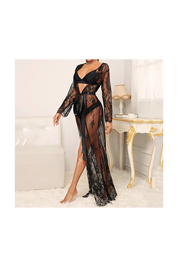 Sexy Séduisante Simple Noir Manches Longues Dentelle Longue Combinaison Sexy Sexy Femme Lingerie Avec Fente, Noir , M