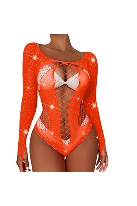 UOWEG Dames Sexy Brillant Lingerie à Manches Longues Maille Transparent Creux Sexy Lingerie Culotte Combinaison Lingerie Roma