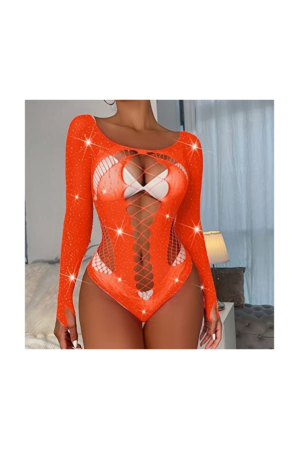UOWEG Dames Sexy Brillant Lingerie à Manches Longues Maille Transparent Creux Sexy Lingerie Culotte Combinaison Lingerie Roma