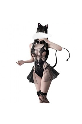 chiphop Sexy Cat Lingerie Jumpsuit Sexy Mesh Bow Jumpsuit sous-vêtements Lingerie Sexy String Black, One Size 