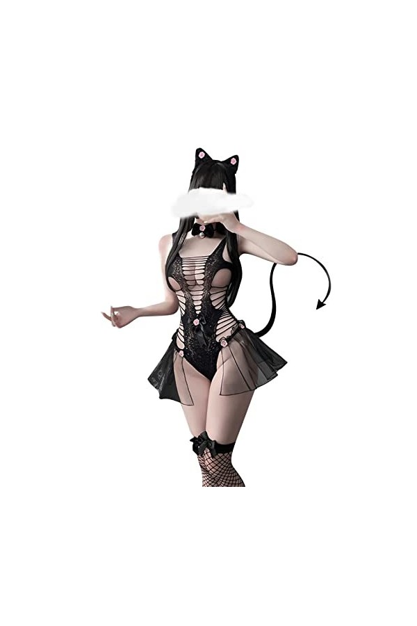 chiphop Sexy Cat Lingerie Jumpsuit Sexy Mesh Bow Jumpsuit sous-vêtements Lingerie Sexy String Black, One Size 