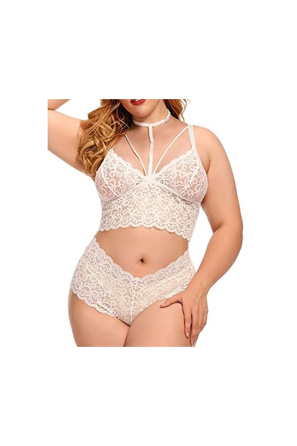Lingerie Sexy Grande Taille col en V Taille Haute Dentelle Florale Soutien-Gorge croisé et Culotte Ensemble 2 pièces sans Arm