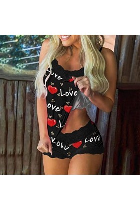 Femmes Saint Valentin Imprimé Pyjama sans manches Dentelle Sexy Femme Dentelle Lingerie, Noir , XL