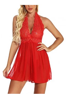 JozAdy Nuisette sexy en dentelle pour femme avec col en V et string, Rouge, L