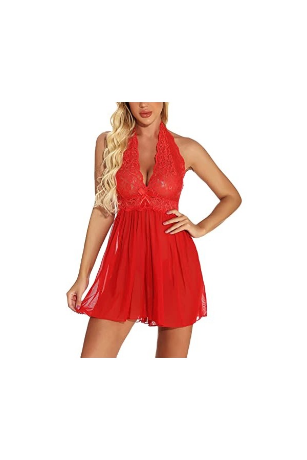 JozAdy Nuisette sexy en dentelle pour femme avec col en V et string, Rouge, L