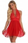 JozAdy Nuisette sexy en dentelle pour femme avec col en V et string, Rouge, L