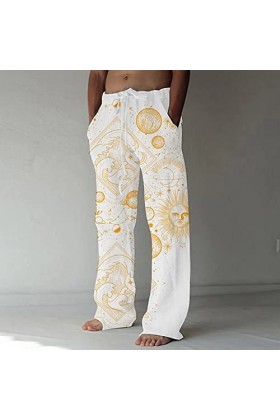 Pantalon long en lin pour homme - Pantalon dété large et léger - Coupe ample - Avec cordon de serrage imprimé en 3D - Pantal