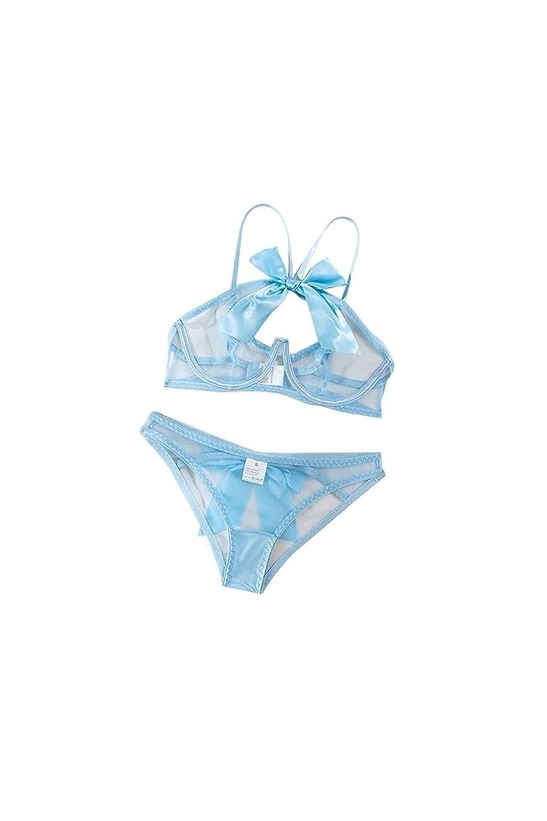 iOoppek Mini robe en satin avec nœud et maille transparente creuse, sous-vêtement sexy pour femme, bleu, M