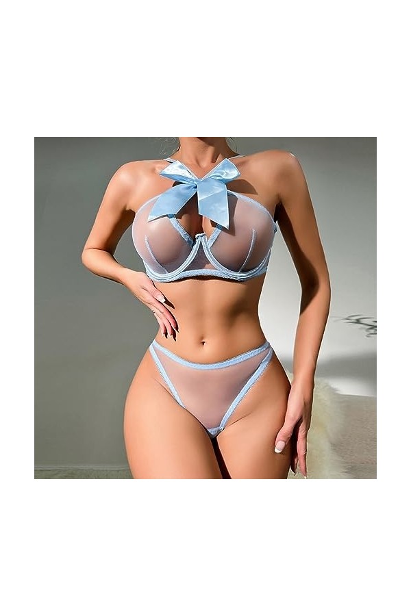 iOoppek Mini robe en satin avec nœud et maille transparente creuse, sous-vêtement sexy pour femme, bleu, M