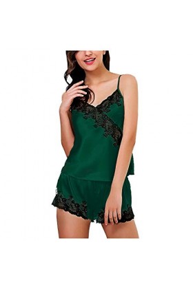 PANPANY Set Sleepwear Femmes Dentelle Soie Pyjama Satin up Nightwear Sexy-Lingerie Lingerie Cosplay Army Green, XXL 