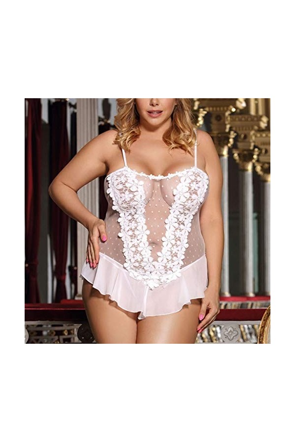 PANPANY Broderie Nightdress Femmes Sexy Sexy Dentelle Pyjama Plus Lingerie de Taille de Sleepwear Lingerie Ouverte Homme Whi