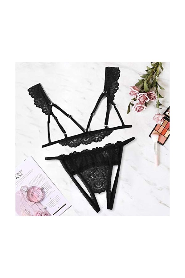 Sous-vêtements taille soutien-gorge creux femme col en V + string ensemble mode S-2XL lingerie sexy deux pièces avec robe de 