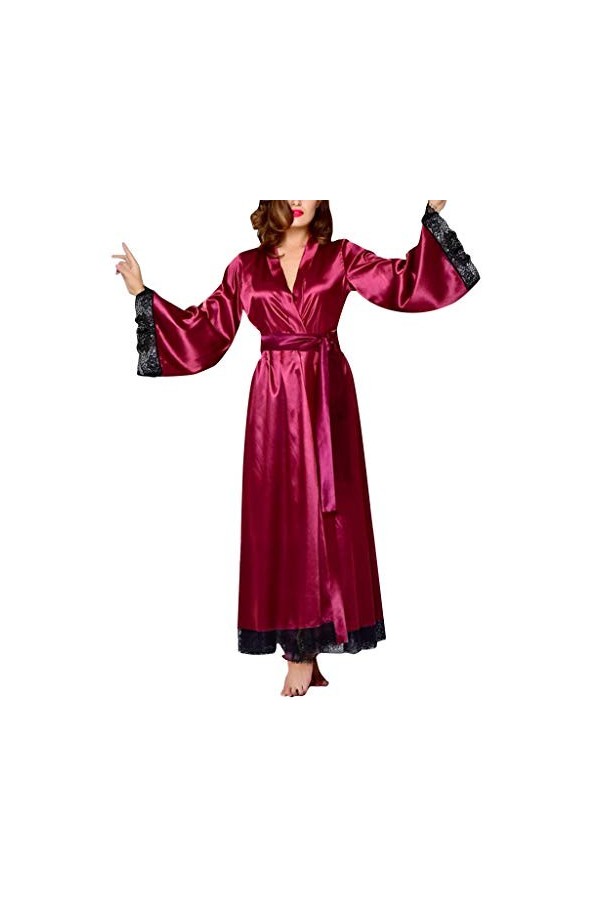BIISDOST Femmes sexy long Silk dressing robe de bain dentelle lingerie vin Red Nightdress Entrejambe Wine, S 