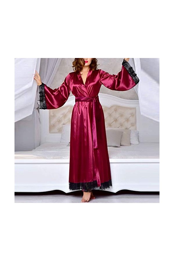 BIISDOST Femmes sexy long Silk dressing robe de bain dentelle lingerie vin Red Nightdress Entrejambe Wine, S 