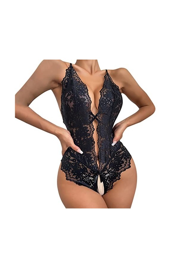 Lingerie sexy à lentrejambe avec boutons-pression en dentelle pour femme - Lingerie sexy en V profond avec strass et soutien