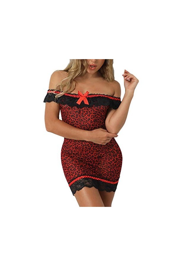 Lingerie sexy en dentelle pour femme avec mini string imprimé corset grande taille, Rouge, S