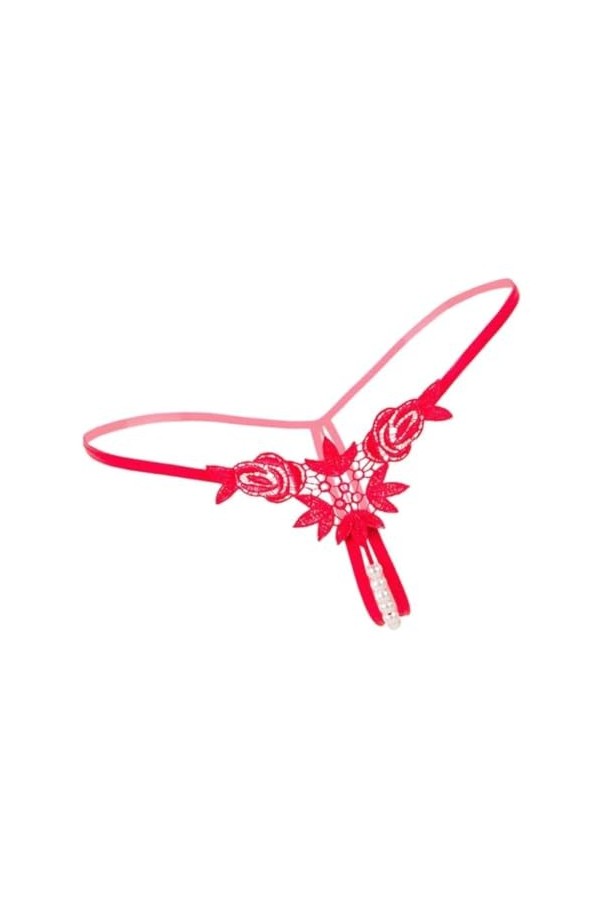 [Culotte en Dentelle pour Femme] – Sousêtement String él au Design Floral pour Femme en Rouge Ravissant avec Perles – Lingeri