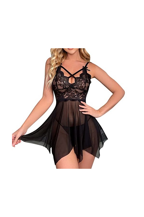 BIISDOST Femmes Dentelle Sling Évider Mince Sexy Tempérament Chemise De Nuit Lingerie Lingerie Latex Taille S Black, S 