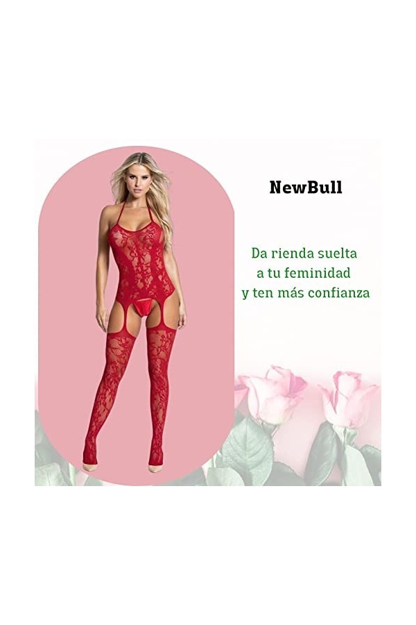 NewBull Ensemble de Lingerie Sous-Vêtements Jacquard pour Dames Dentelle Cou Pendentif en Tulle Attaché Body sans Entrejambe 