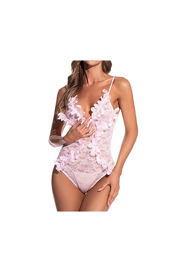 liaddkv Pyjama profond Femme Sexy Pyjama en Dentelle avec Bordure Lingerie Sexy Sex Toy, Rose, L