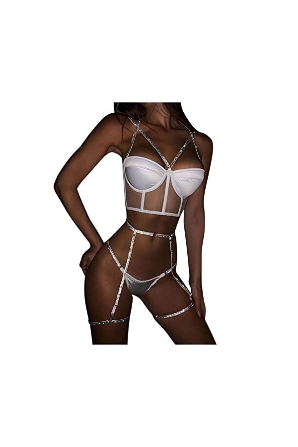 Lingerie Femme Sexy Ensemble Homme Sexy Hot y*2k Femmes Sexy Transparent Lingerie Dentelle Maille Brillant Argent Bretelles B