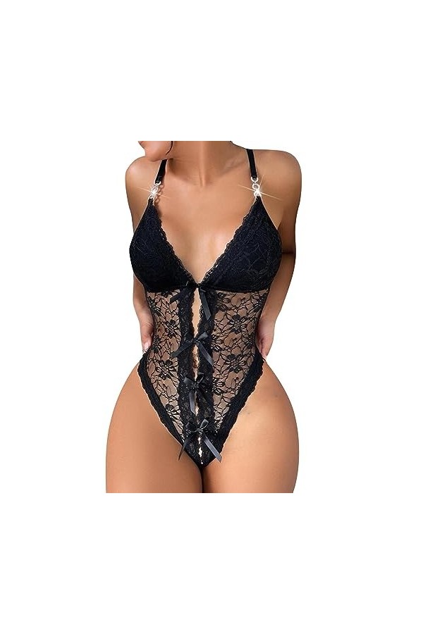 Ensemble De Lingerie Sexy pour Femme Femmes Bralette Et Culotte en Dentelle À Bretelles Col V Halter Maille Nuisette Ouverte 