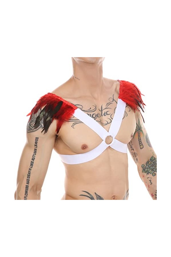 Junhasgood Gaufre Robe Homme Décoration de Plumes pour Hommes Corset Sexy Sangle de Poitrine Anneau en métal Bondage Gilet év
