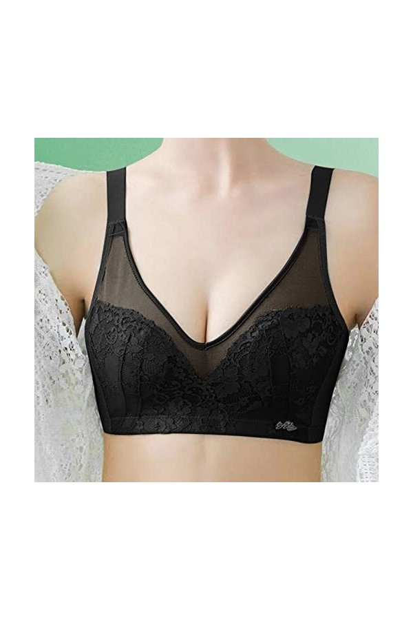 Lengire Soutien-gorge sexy pour femme avec poitrine fine et grande taille sans bord en acier sans bosses sans éponge, Noir , 