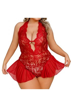 YANFJHV Femme Fun Intérieur Large Sexy Private Creux Dentelle Transparent Strap Fun Body Lingerie Sexy Femme, Rouge pastèque,