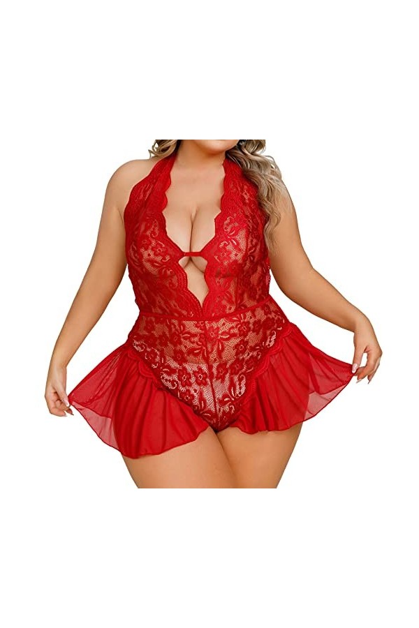 YANFJHV Femme Fun Intérieur Large Sexy Private Creux Dentelle Transparent Strap Fun Body Lingerie Sexy Femme, Rouge pastèque,