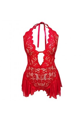 YANFJHV Femme Fun Intérieur Large Sexy Private Creux Dentelle Transparent Strap Fun Body Lingerie Sexy Femme, Rouge pastèque,