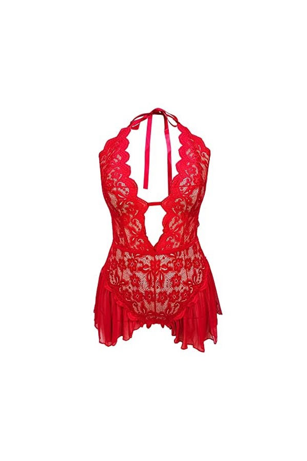 YANFJHV Femme Fun Intérieur Large Sexy Private Creux Dentelle Transparent Strap Fun Body Lingerie Sexy Femme, Rouge pastèque,