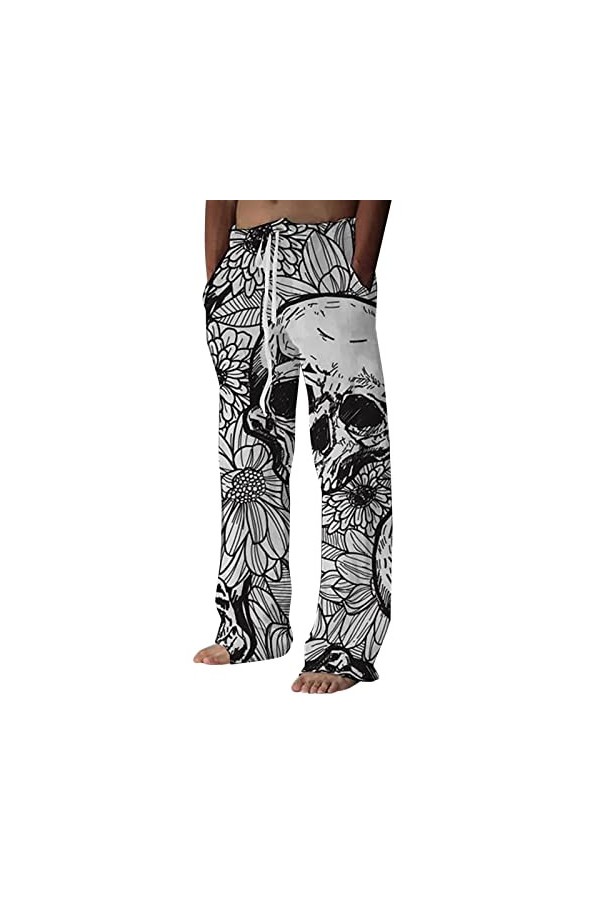 Gefomuofe Pantalon long en lin pour homme - Avec poches - Motif tête de mort - Avec poche à la taille imprimée en 3D, B blanc
