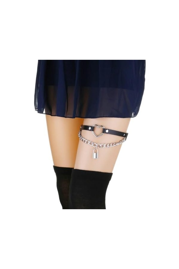 DOKLY 1 porte-jarretelles élastique en cuir punk en forme de cœur pour femme - Anneau de cuisse gothique hip-hop - Bijoux de 