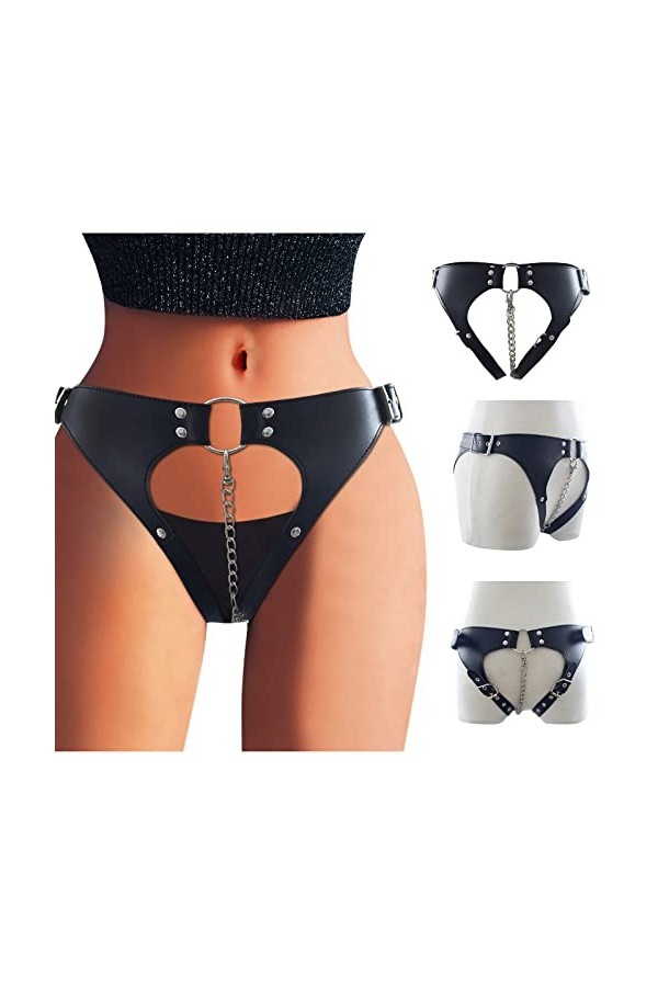 2023 New y2.k Style Lingerie Lingerie Sangle Cuir Femme Sexy Super Slip Soutien Gorge Cuir Black, One Size 