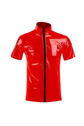 Caxndycing Veste pour homme aspect vernis T-shirt slim fit latex brillant haut sexy en cuir verni avec col montant hippie dis