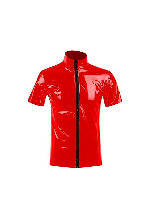Caxndycing Veste pour homme aspect vernis T-shirt slim fit latex brillant haut sexy en cuir verni avec col montant hippie dis