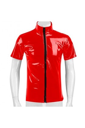 Caxndycing Veste pour homme aspect vernis T-shirt slim fit latex brillant haut sexy en cuir verni avec col montant hippie dis