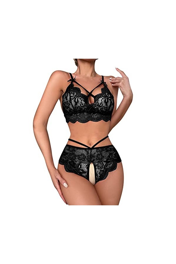 TDEOK Femmes Sexy Dentelle Lingerie Culotte Deux Pièces Fleur Broderie Transparent Ensemble Bikini Transparent, Noir , M