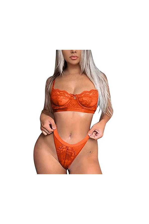 LDadgf Ensemble de lingerie sexy en dentelle et culotte pour femme, Orange, M