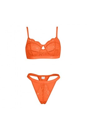 LDadgf Ensemble de lingerie sexy en dentelle et culotte pour femme, Orange, M