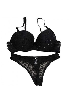 QWUVEDS Ensemble de sous-vêtements sexy en dentelle pour femme - Sous-vêtements sexy en satin avec dentelle, Noir , 90