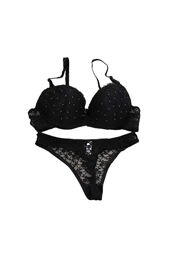 QWUVEDS Ensemble de sous-vêtements sexy en dentelle pour femme - Sous-vêtements sexy en satin avec dentelle, Noir , 90