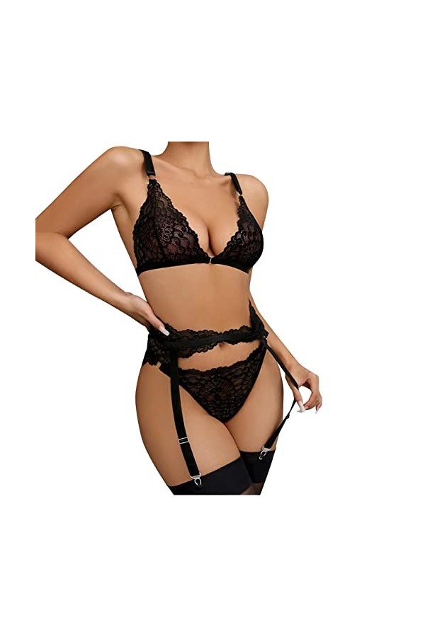 Reepetty Ensemble String Sexy Chic Frontière sous-vêtements érotiques jarretière trois pièces costume femme sens dentelle ava