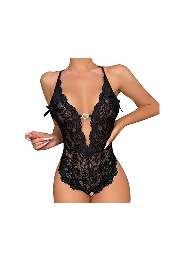 UOWEG Dentelle pour Dames Voir à Travers lentrejambe Pyjama Sexy Lingerie Sexy Combinaison Sexy Dentelle Black, XL 