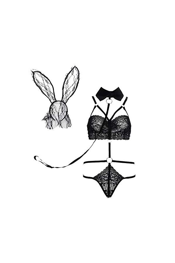 Costume fille lapin femme dentelle une pièce sexy Cosplay coupe basse bustier lingerie sans seins BLACK, taille unique 