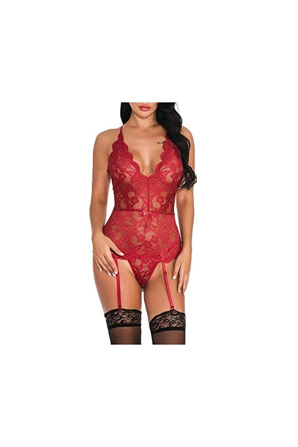 Combinaison sexy col en V et boutons en dentelle pour femme, rouge, S