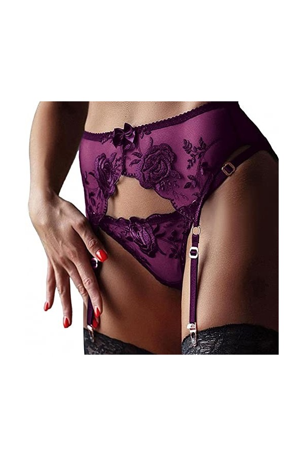 ROSVAY Femme Porte-Jarretelle Sexy Transparente avec 4 Pinces Réglables G-String Porte-Jarretelles Guêpière Dentelle Taille H