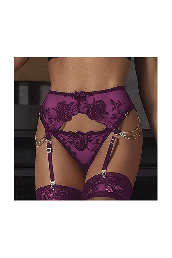 ROSVAY Femme Porte-Jarretelle Sexy Transparente avec 4 Pinces Réglables G-String Porte-Jarretelles Guêpière Dentelle Taille H