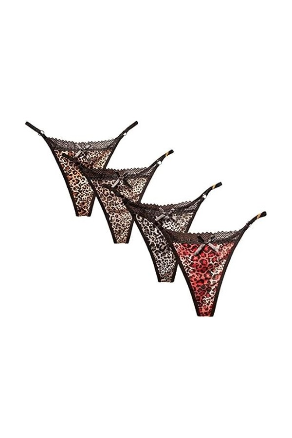 mini kitty 4 Pack Femme Strings en Dentelle Culottes sans Couture Strings et Tangas Sexy String Femme Lmprimé Léopard sous-vê
